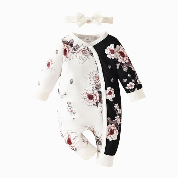 WUANDIXFA Baby Clothes for Girls 3 6 12 18 Months Infant Girls Floral Print Long Sleeve Pullover Romper Jumpsuit Set,White,6-9 Months