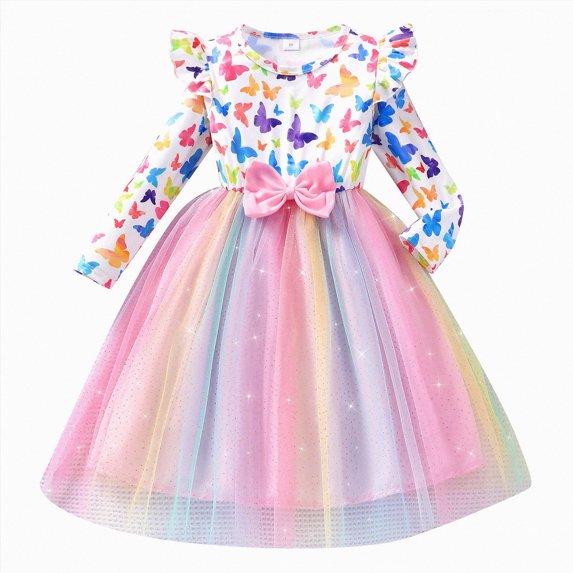 WUANDIXFA Baby Fall Dress Fashion Cute Children's Christmas Long Sleeved Round Neck Tulle Dress Party Wedding Princess Dress,Pink,7 Years