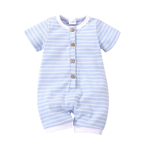 WUANDIXFA Baby Girl Boy Summer Romper Short Sleeve Striped Bodysuit Button Down Jumpsuit Short Overall Clothes (Light Blue, 0-3 Months)