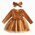 thumbnail image 1 of WUANDIXFA Baby Girl Christmas Velvet Dress with Bow Headband Long Sleeve Star Tutu Party Dress,Yellow,6-12 Months, 1 of 9