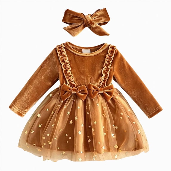 WUANDIXFA Baby Girl Christmas Velvet Dress with Bow Headband Long Sleeve Star Tutu Party Dress,Yellow,6-12 Months