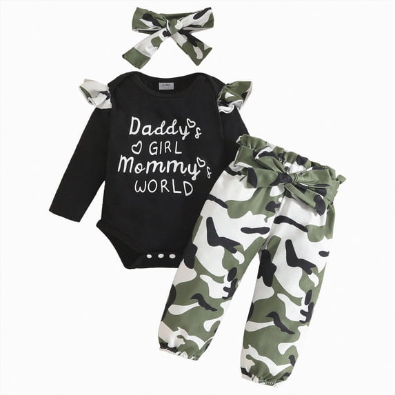 WUANDIXFA Baby Girl Clothes 3 6 9 12 18 Months Infant Rib Romper Pants Headband Clothing Set 3pcs,Black,0-3 Months