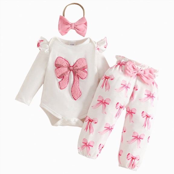 WUANDIXFA Baby Girl Clothes 3 6 9 12 18 Months Newborn Infant Outfits Ruffle Romper Floral Pants Headband Sets for Girls,Pink,0-3 Months