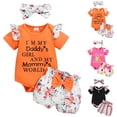 thumbnail image 1 of WUANDIXFA Baby Girl Clothes Little Sister Ruffle Romper Onesie Ribbed Top Floral Shorts Matching Outfits Set (Orange, 0-3 Months), 1 of 8