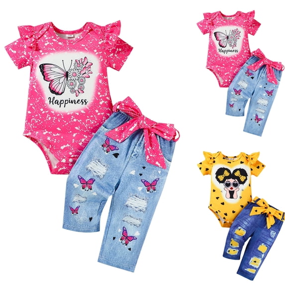 WUANDIXFA Baby Girl Clothes Ruffle Romper Pants Set Summer Outfits Cute Baby Clothes for Girls (Hot Pink, 12-18 Months)