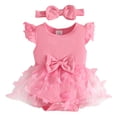 thumbnail image 1 of WUANDIXFA Baby Girl Clothes Summer Girls Clothes Short Sleeves Lace Cute Romper Bodysuit Outfits Headband 0-18 Months (Pink, 3-6 Months), 1 of 5