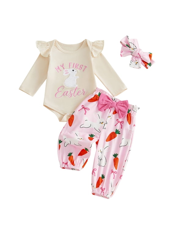 Baby Girl Easter Outfit Ruffle My First Easter Romper Bunny Carrot Print Long Pants Headband Set (Beige, 9-12 Months)