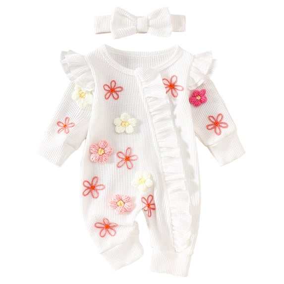 WUANDIXFA Baby Girl Fall Winter Outfits Clothes Knit Jumpsuit Ruffle Romper Coming Home Outfit for Baby Girl (White, 3-6 Months)