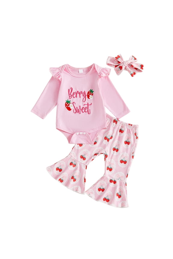 Baby Girl First Birthday Outfit Long Sleeve Berry Sweet Romper+Strawberry Flare Pants+Bow Cake Smash Fall Clothes (Pink, 12-18 Months)