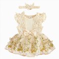 thumbnail image 1 of WUANDIXFA Baby Girl Lace Fly Sleeve Romper 3 6 9 12 18 Months with Headband Birthday Girl Outfit,Beige,3-6 Months, 1 of 4