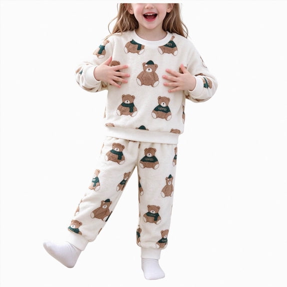 WUANDIXFA Baby Girl Outfit Set Toddler Baby Girls Flannel Fleece Warm Winter Pajama Loungewear Set,White,5-6 Years