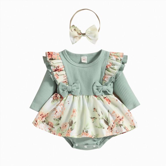 WUANDIXFA Baby Girl Outfits 3 6 12 18 24 Months Infant Baby Girls Floral Bowknot Long Sleeve Romper Dress Headband Set,Green,12-18 Months