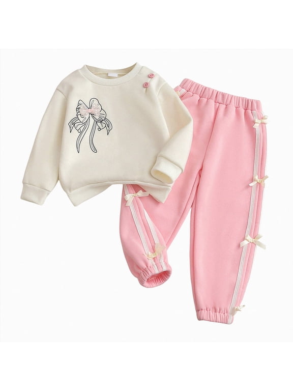 Baby Girl Outfits Winter 2T 3T 4T 5T 6T 7T Girls Fall Winter Casual Cute Bowknot Casual Tops Sweatpants Girls Set,White,4 Years