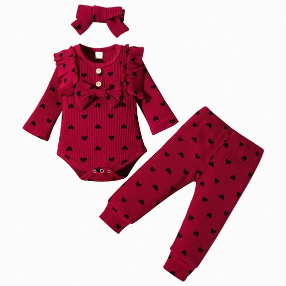 WUANDIXFA Baby Girl Romper Baby Girls Heart Long Sleeve Romper Pants Headband Princess Set 3 Piece,Wine,3-6 Months