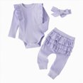 thumbnail image 1 of WUANDIXFA Baby Girl Romper Baby Girls Ribbed Ruffle Long Sleeve Bodysuit Pants Bow Set 3 Piece,Light Purple,0-3 Months, 1 of 5