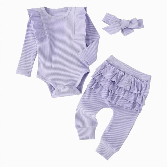 WUANDIXFA Baby Girl Romper Baby Girls Ribbed Ruffle Long Sleeve Bodysuit Pants Bow Set 3 Piece,Light Purple,0-3 Months