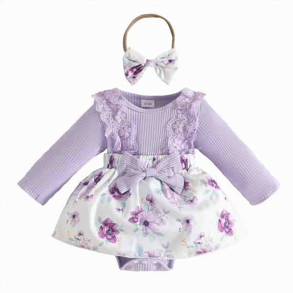 WUANDIXFA Baby Girl Romper Dress Smocked Long Sleeve Jumpsuit & Headband for Infants Cotton Outfits,Light Purple,0-3 Months