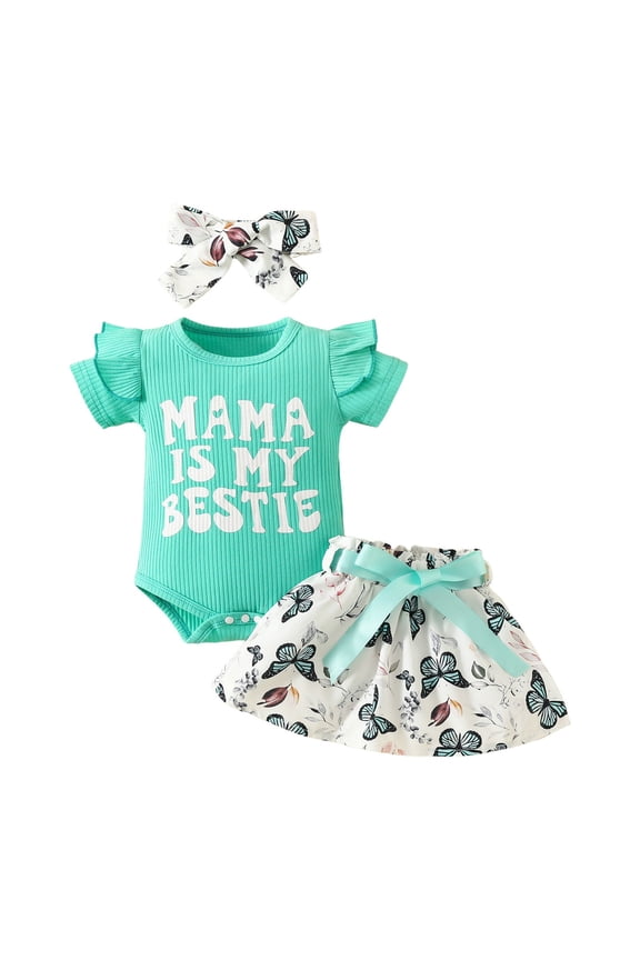 Baby Girl Summer Clothes Mama is My Bestie Ruffle Short Sleeve Romper Shorts Headband 3Pcs Outfits (Mint Green, 6-9 Months)