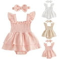 thumbnail image 1 of WUANDIXFA Baby Girl Summer Clothes Outfit Ruffle Romper Baby Dress Bow Headband Solid Cute Outfits Girls (Pink, 3-6 Months), 1 of 7