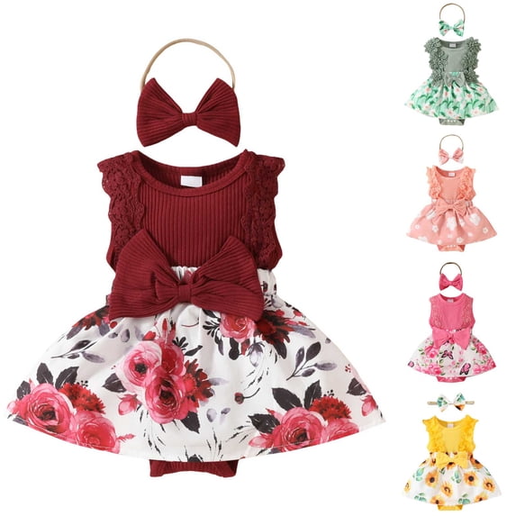 WUANDIXFA Baby Girl Summer Clothes Outfits Sleeveless Lace Floral Romper Dress Outfit (Yellow, 3-6 Months)
