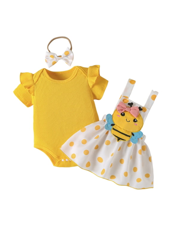 Baby Girl Summer Outfits Bear Short Sleeve One-Piece Jumpsuit With Headband Set Girl Clothes (Yellow, 9-12 Months)