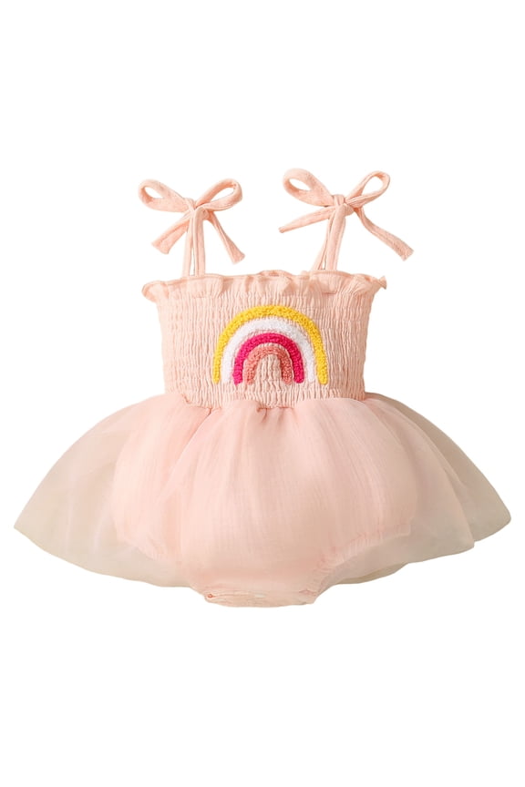 Baby Girl Summer Romper Dress Smocked Rainbow Embroidery Tie Straps Jumpsuit Toddler Kids Tutu Dress Clothes (Pink, 9-12 Months)