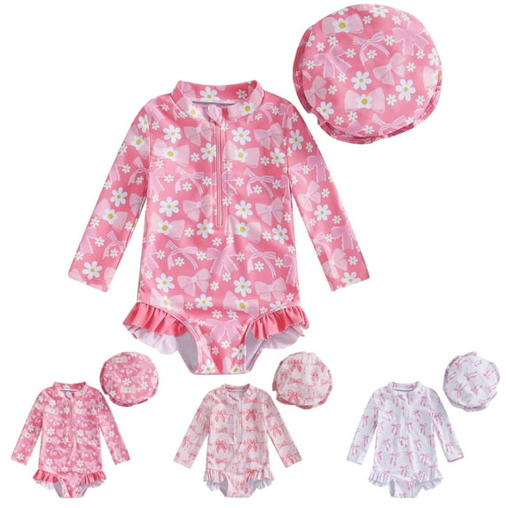 WUANDIXFA Baby Girl Swimsuit Baby Girl Swimsuit Long Sleeve with Hat Set Zipper Swimsuit White,12-18 Months