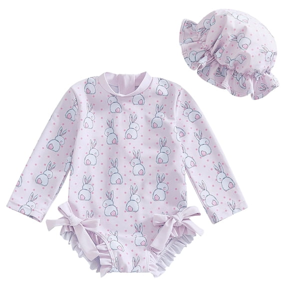 WUANDIXFA Baby Girl Swimsuit Long Sleeve Ruffled Shell Zip Up Swimwears Toddler Kids Infant Bathing Suit One Piece with Hat Light Purple,2-3 Years