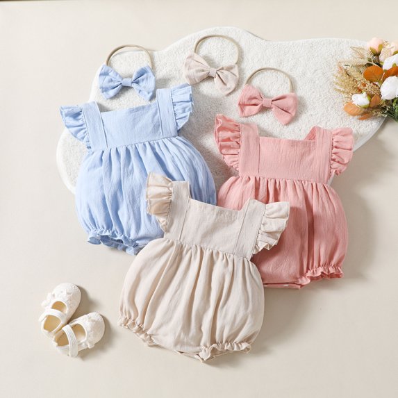 WUANDIXFA Baby Girls Cotton Linen Romper Set Ruffle Sleeveless Bodysuits Jumpsuit Summer Clothes with Headband (Red, 0-3 Months)