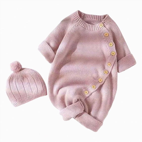 WUANDIXFA Baby Girls' One-Piece Rompers Cute Romper Knit Romper with Hat Side Button Long Sleeve Baby Sweater Jumpsuit Preemie Outfit,Pink,3-6 Months