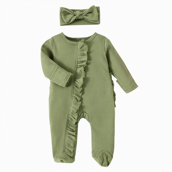 WUANDIXFA Baby Rompers Girl Cute Romper Girls Romper Solid Clothes Infant Baby Headband 2PCS Ribbed Outfits Jumpsuit Set Footed Romper Jumpsuit,Green,3-6 Months