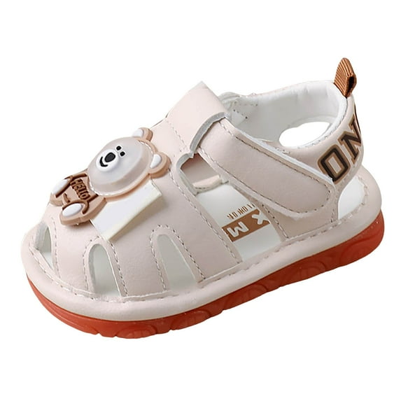 WUANDIXFA Baby Toddler Boys Squeaky Sandals Rubber Sole Closed-Toe Non-Slip PU Leather Soft First Walkers Shoes (Beige, 5.5)
