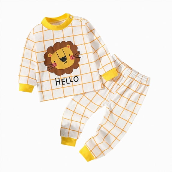 WUANDIXFA Baby Two Piece Pajamas Soft Cute Toddler Comfortable Long Sleeved Home Clothes Two Piece Set with Cute Cartoon Pattern,Yellow,18-24 Months