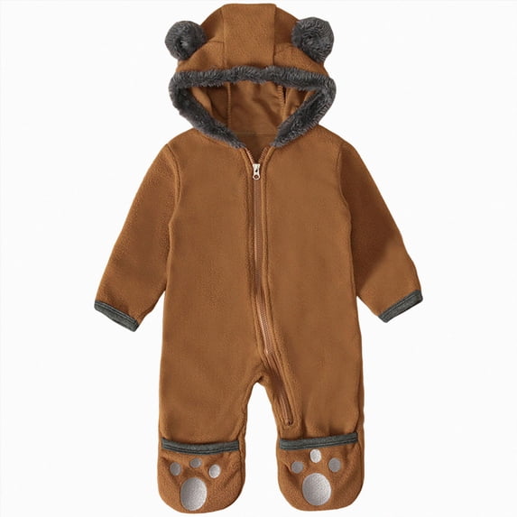 WUANDIXFA Baby Winter Fleece Jumpsuit, Full Zip-Up Soft Hooded Thicken Warm Newborn Home 0 3 6 18 24 Months One‑Piece Romper, Coffee, 3-6 Months
