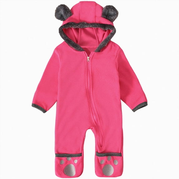 WUANDIXFA Baby Winter Fleece Jumpsuit, Full Zip-Up Soft Hooded Thicken Warm Newborn Home 0 3 6 18 24 Months One‑Piece Romper, Hot Pink, 12-18 Months