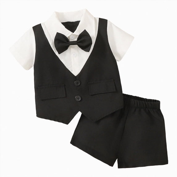 WUANDIXFA Baptism Outfits for Boys 6 9 12 18 24 Months 2T 3T Girls Short Sleeved Shorts Soft Breathable Fashionable Casual Shirt Shorts Suit,Black,18-24 Months