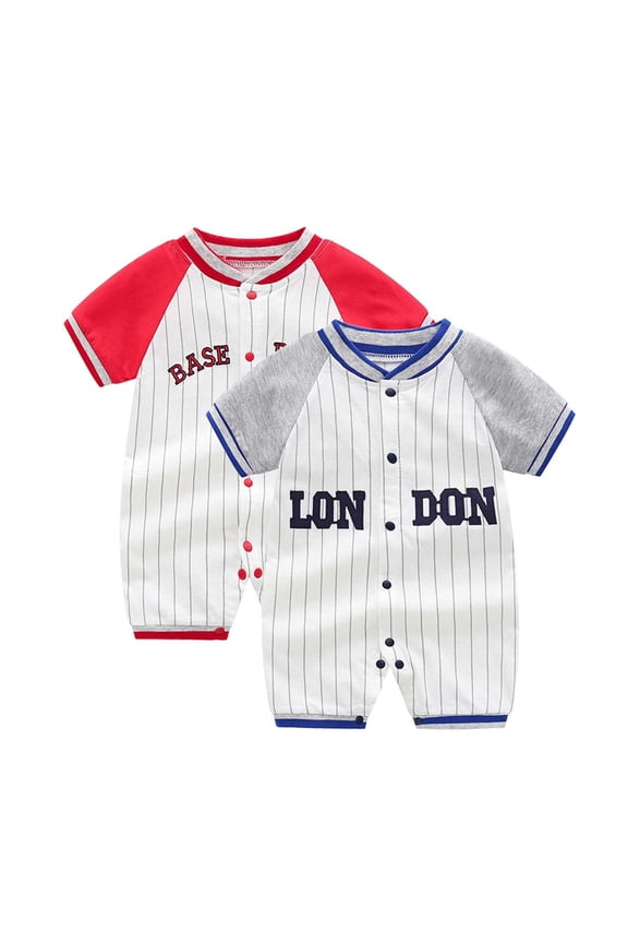 Baseball Outfit Boy One Piece Sport Romper Short Sleeve Baby Baseball Stripe Onesie Summer Clothes Set (Red, 9-12 Months)