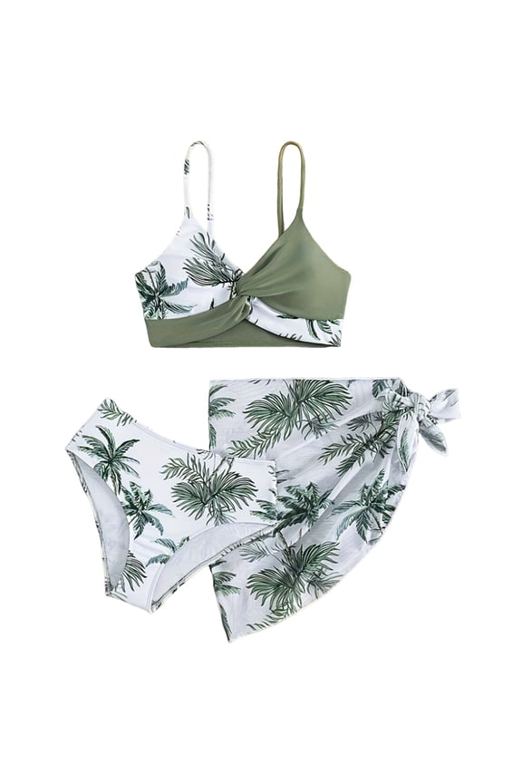 Bathing Suit Girls Swimsuit 3 Piece Bathing Suits Floral Print Swimwear Bikini Sets with Cover Ups Beach Skirt 11-12 Years,AG