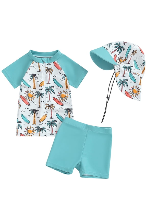 Bathing Suit Toddler Baby Boy Long Sleeve Swimsuit Rash Guard and Trunk Set Bathing Suit with Hat Toddler Boys Beach Swimwear Sunsuit 18-24 Months,Mint Green