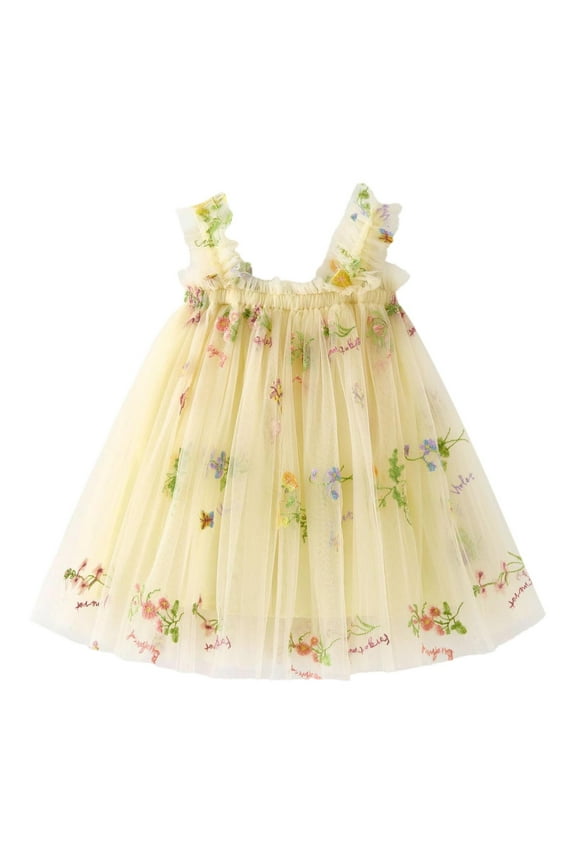 Birthday Dress for Girls Cute Baby Toddler Girls Dress Baby Girl Clothes Summer Dress Ruffle Sleeveless Bow Top Floral Skirt Baby Sundress Outfits Yellow,12-18 Months