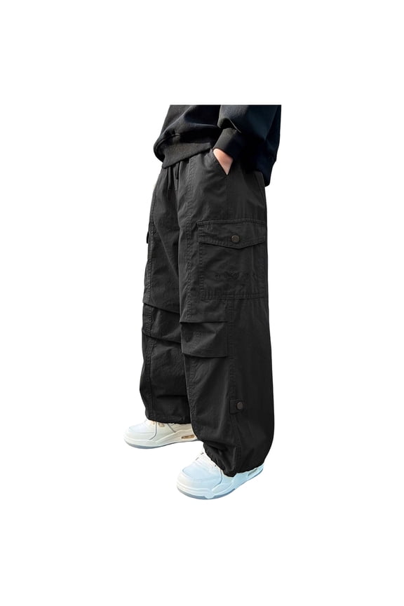 Boy's Drawstring Waist Pleated Front Baggy Cargo Pants, 4-14 Years (Black, 13-14 Years)
