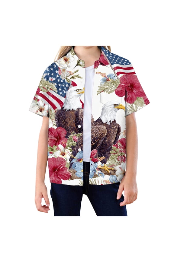 Boys American Flag Button Down Shirt 4th of July Tshirt Kids USA Patriotic Hawaiian Summer Holiday Tee Tops (Sky Blue, 7-8 Years)