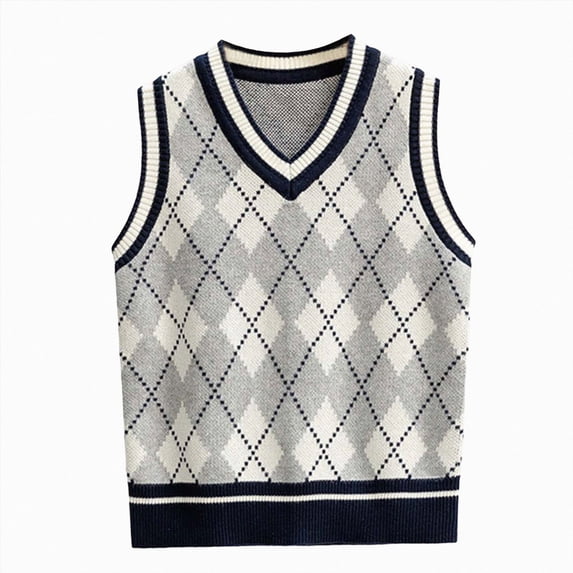 WUANDIXFA Boys Argyle Sweater Vest 1-17 Years V-Neck Sleeveless Vest Kids Casual Knit Sweaters for Children,Grey,7-9 Years