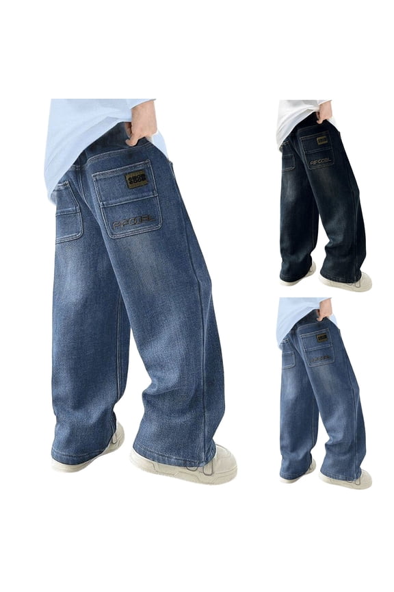 Boys Baggy Jeans for Kids Teen Casual Straight Wide Leg Cargo Jeans Y2K Summer Loose Elastic Waist Denim Pants with Pockets (Light Blue, 13-14 Years)
