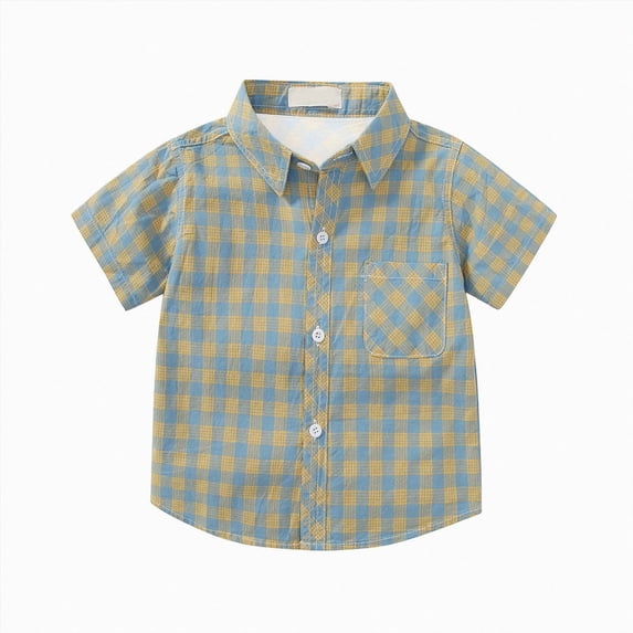 WUANDIXFA Boys Button Down Shirt Boys Western Snap Shirt Short Sleeve Plaid Button Down Shirt Cowboy Snap Button Closure,Light Yellow,1-2 Years