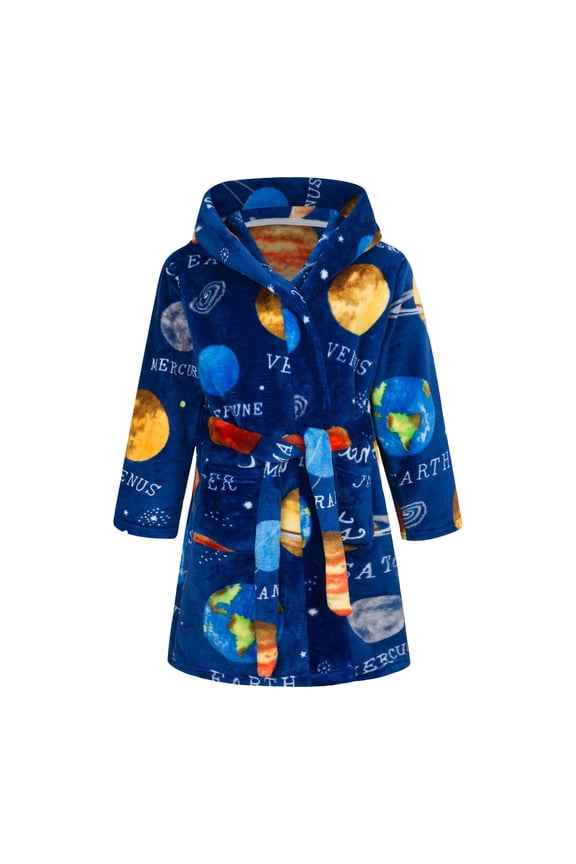Boys Girls Robe Fleece Soft Hooded Kids Bathrobes Toddler Cute Plush Robes for Kids, 4-12 Years (Dark Blue, 11-12 Years)