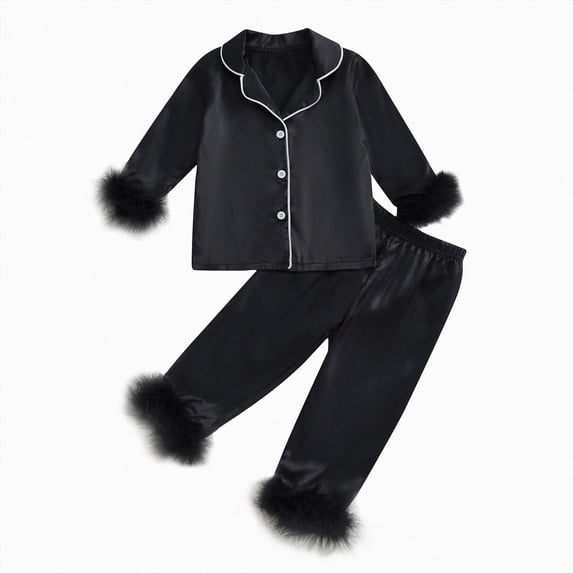 WUANDIXFA Boys Girls Silk Pajamas Set Kids Long Sleeve Jammies Toddler Winter Home Wear Baby Clothes Suit Girls Silk Satin Pajamas Set,Black,2-3 Years