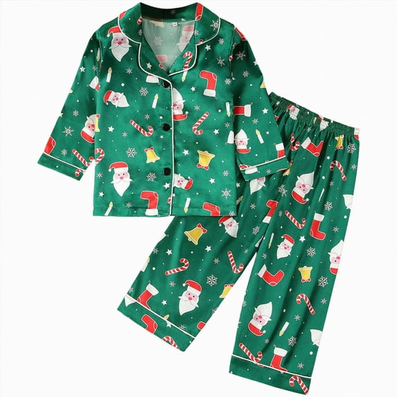 WUANDIXFA Boys Girls Silk Pajamas Set Kids Long Sleeve Jammies Toddler Winter Home Wear Baby Clothes Suit Toddler Girl Pajamas,Green,5-6 Years