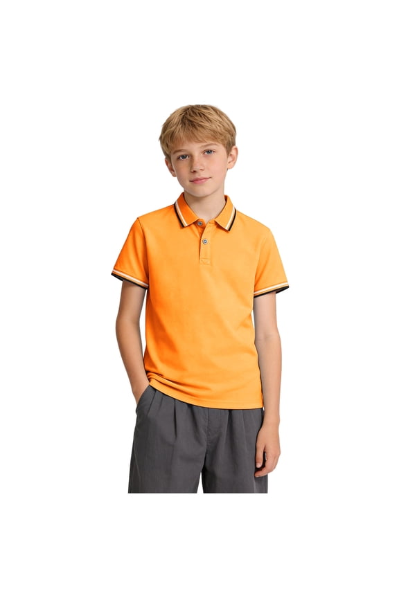 Boys Polo Shirts Kids School Uniform Short Sleeve Tops Cozy Stretch Golf Shirt Lightweight Button Lapel Collar Tshirt (Orange, 1-2 Years)