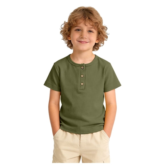 WUANDIXFA Boys Short Sleeve Shirt with 3 Button, Henley Shirt for Boys & Girls, Polo Shirt Without Collar (Army Green, 7-8 Years)